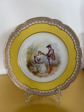 Vintage French Style Porcelain Plate Yellow Gold Romantic Scene Decor